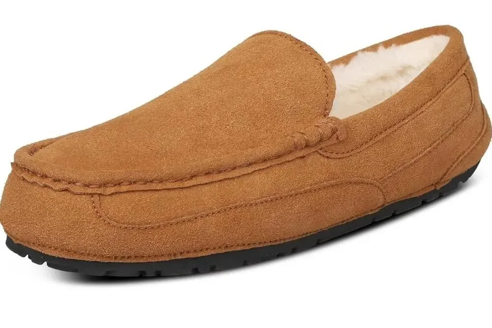 Cuiapl Mens Moccasin Slippers Tan Brown Suede Warm Fur Lined House Loafers Size